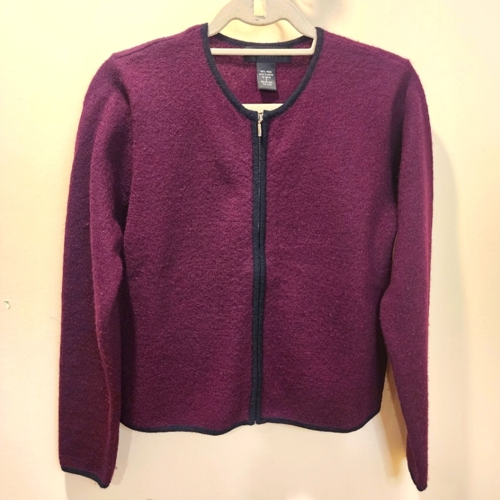 GEOFFREY BEENE BURGUNDY 100% Wool Zip Up Sweater size S